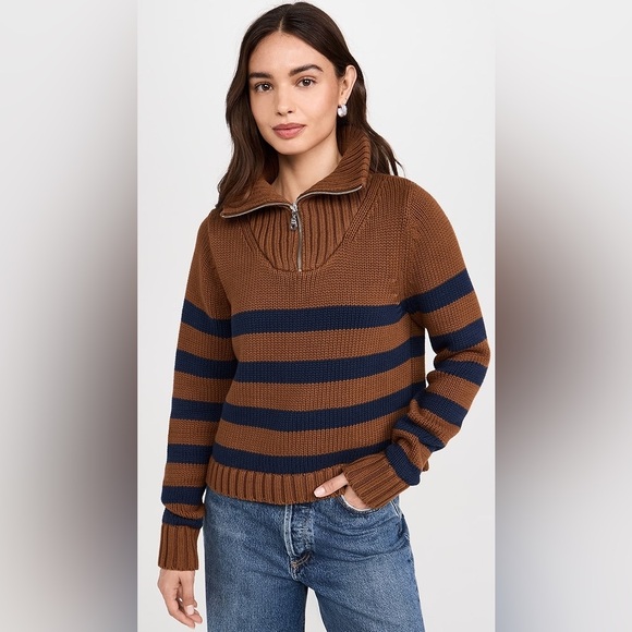 KULE Sweaters - KULE The Matey | Brown and Navy Striped Quarter-Zip Sweater